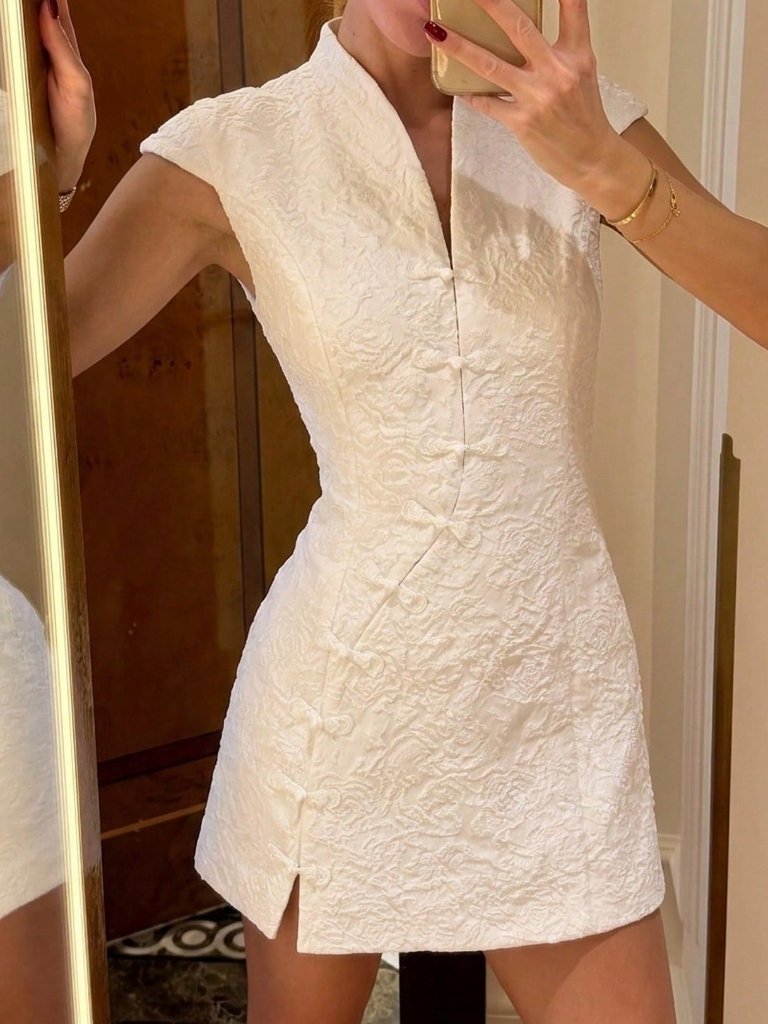 White Elegant Women's Cheongsam Cocktail Party Mini Dress